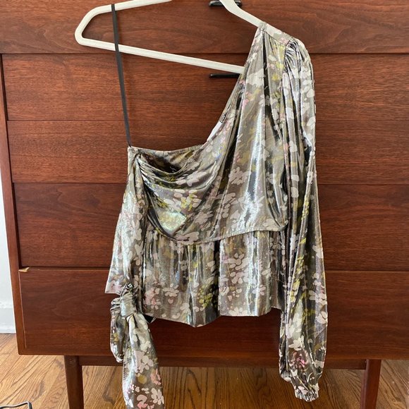 Ganni One Shoulder Metallic Silk Top - Picture 1 of 4